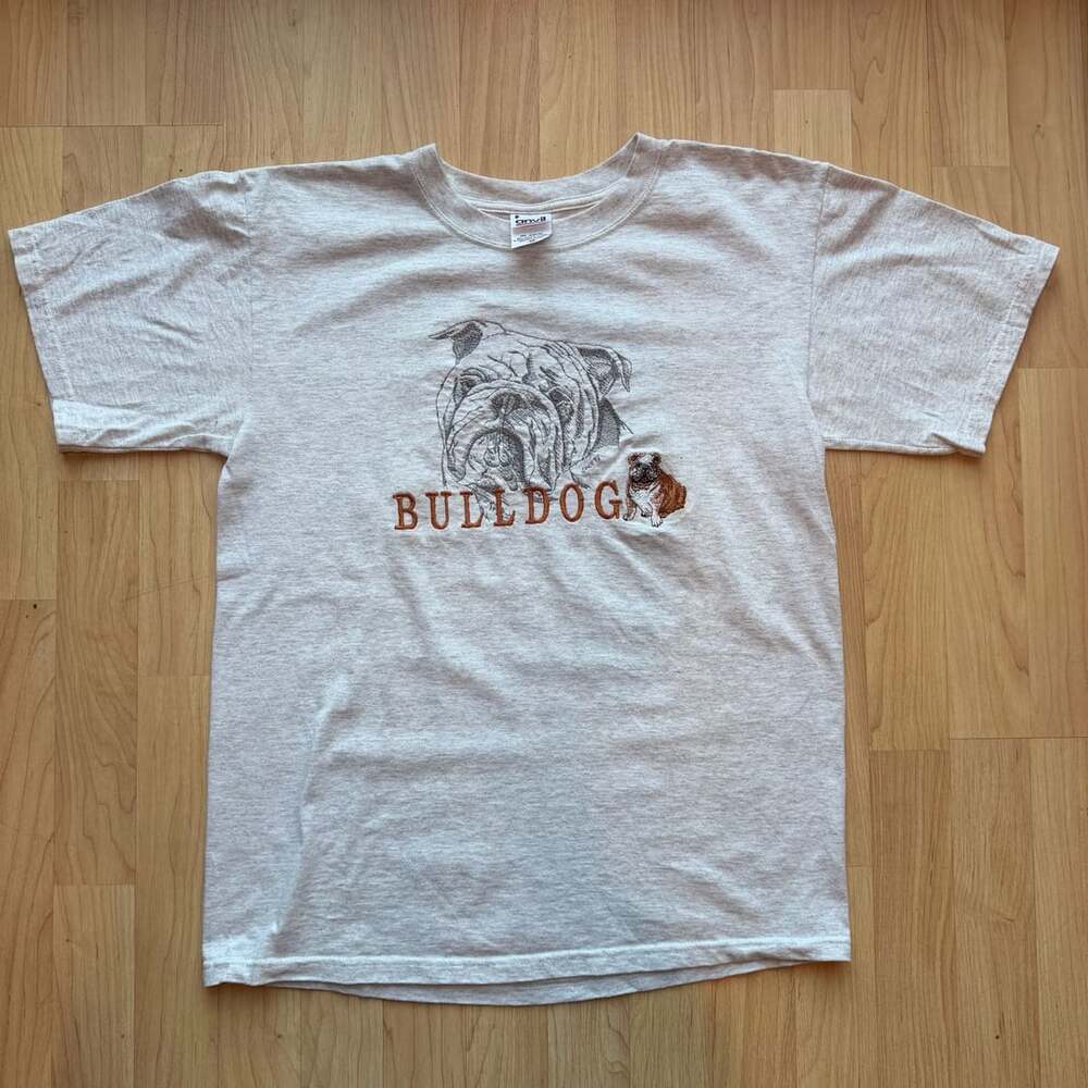 Vintage Anvil Bulldog Embroidered Graphic T-Shirt White Y2K Unisex Medium